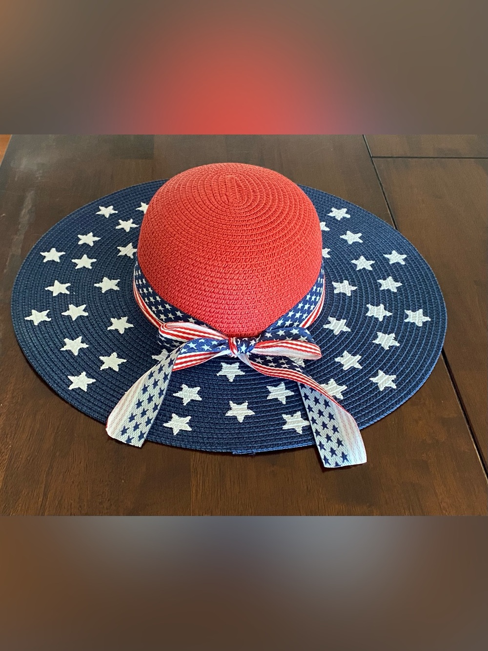 Women’s Patriotic Red & Navy Sun Hat with white stars and striped ribbon